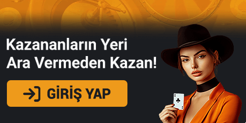 Turuncu ceketli kadın elinde kart tutarken giriş çağrısı içeren kazanç temalı reklam görseli