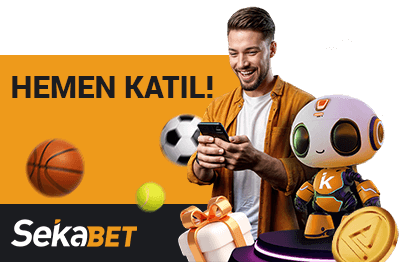 Sekabet hemen katıl yazılı, futbol topu, basketbol topu, hediye paketi ve bahis yapan adam görseli